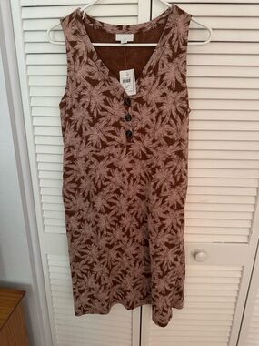 NWT Sleeveless J.Jill Brown Palm-Print V-Neck Dress, Small Petite
